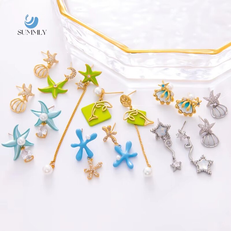 Starfish Earrings Manufacturer - Zircon Five-Pointed 925 Silver Oil-Drop Diamond