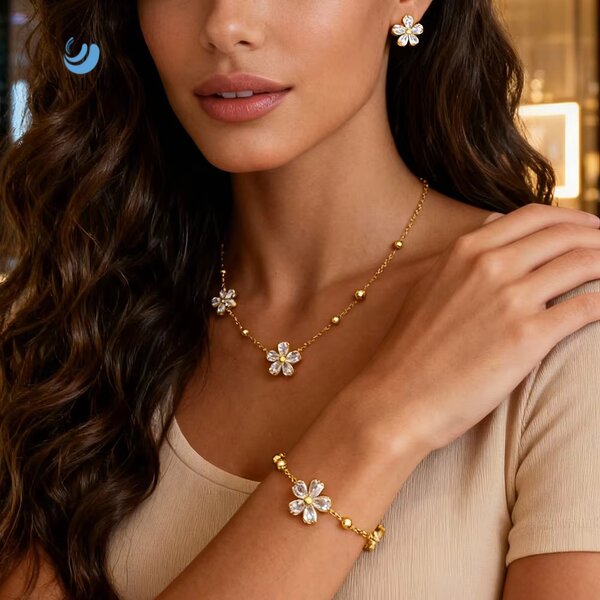 Zircon Flower Jewelry Set Manufacturer - Trendy 18K Gold Plated Blossom Set