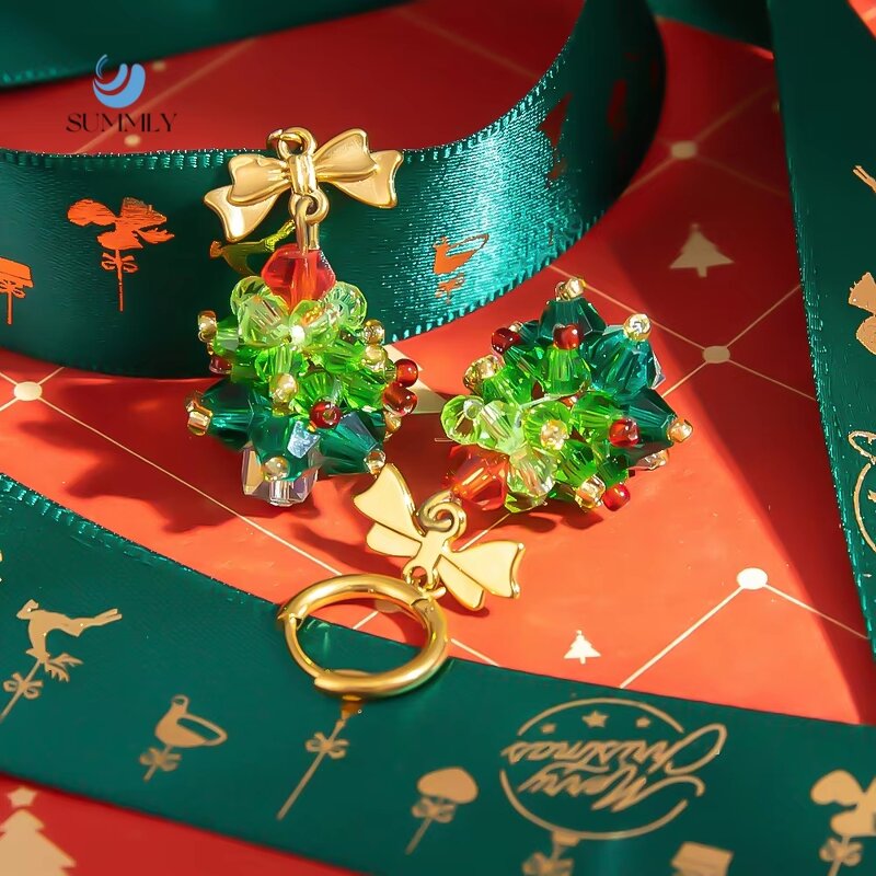 Christmas Earrings Manufacturer - Crystal Christmas Tree 18K Gold Plated Bow