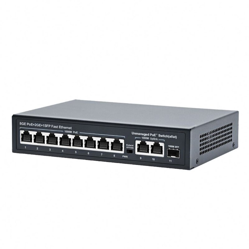 Standard POE Switch Factory - 11 Ports 1000Mbps 8 PoE+ 2 Gigabit Uplink +1 SFP 120W Unmanaged