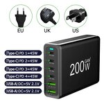 Multi USB Charger Factory - 200w Gan 6 Ports Quick Charge Station Dock US AU EU UK KR