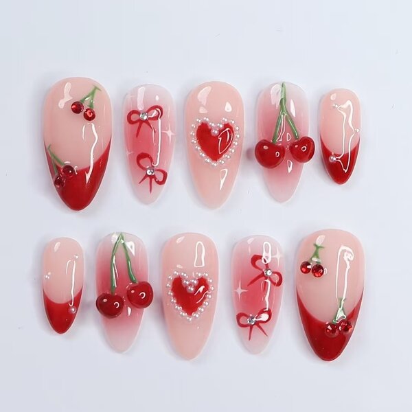 Valentine's Day Nails Factory - Red High Quality Almond Shape Handmade Love Bow Design