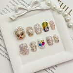 Pearl Rhinestone Nails Factory - Short Square Orange Beige Gel Luxury False Nail Design