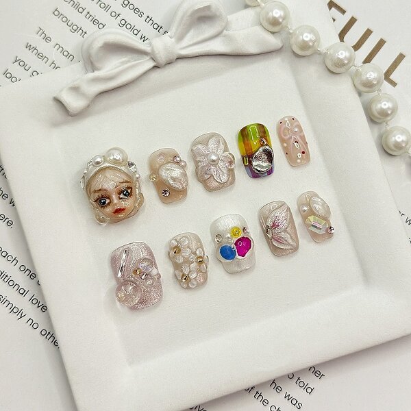 Pearl Rhinestone Nails Factory - Short Square Orange Beige Gel Luxury False Nail Design