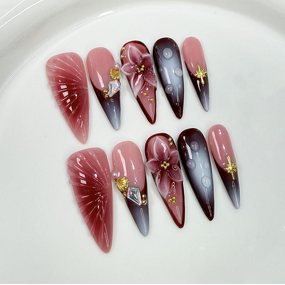 Autumn Winter Nails Supplier - 10 Pcs Full Cover 3D Carved French Art Almond Stiletto