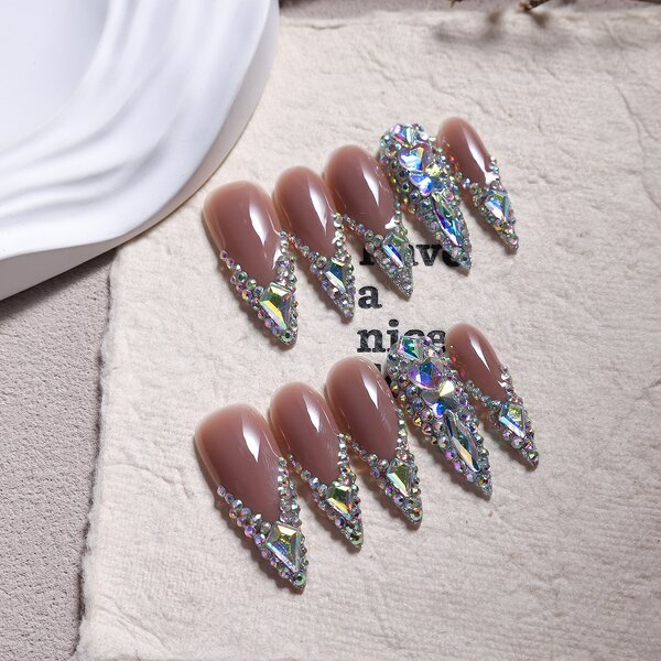 Rhinestone Nails Manufacturer - Handmade French Custom Acrylic 3D Romantic Almond