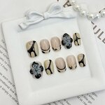 Pearl Rhinestone Nails Factory - Short Square Orange Beige Gel Luxury False Nail Design