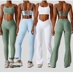 Women Gym Leggings Set Supplier - Custom Logo Crop Top Flare Pants Scrunched Hip