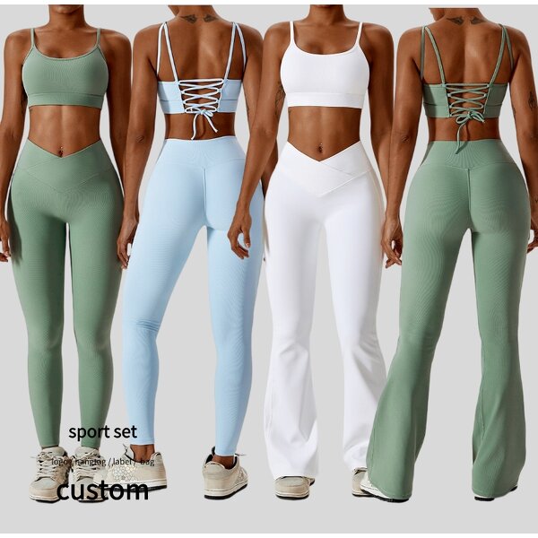 Women Gym Leggings Set Supplier - Custom Logo Crop Top Flare Pants Scrunched Hip