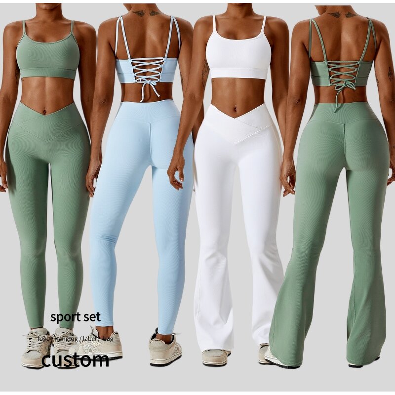 Women Gym Leggings Set Supplier - Custom Logo Crop Top Flare Pants Scrunched Hip