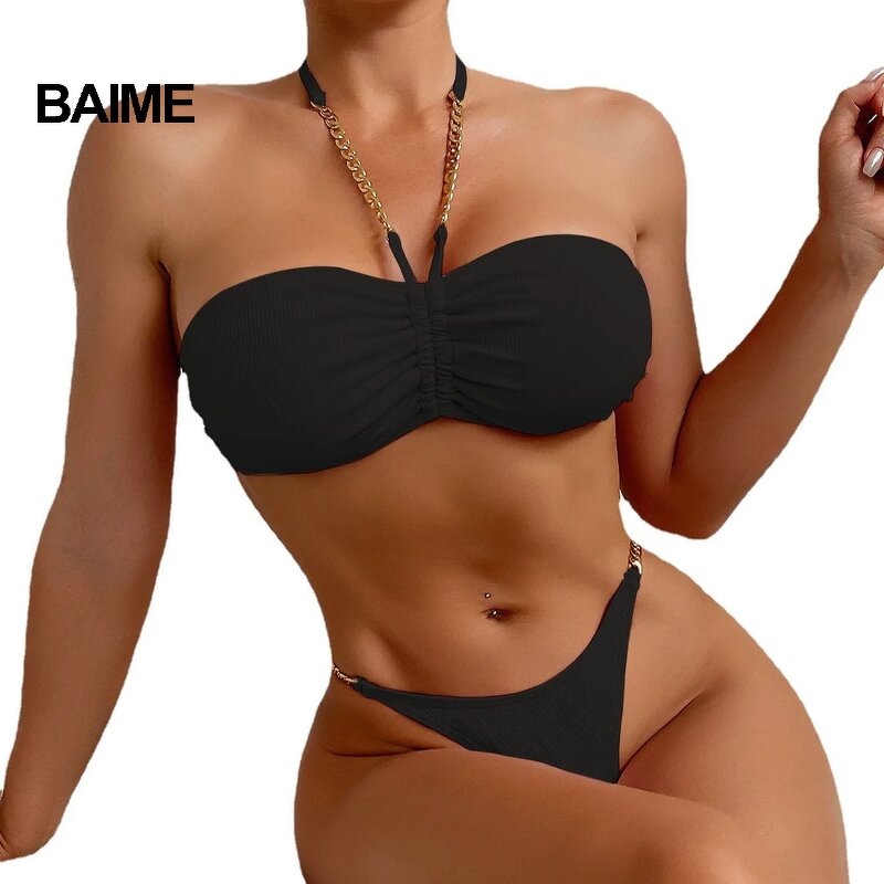 Ladies Bikini Set Supplier - Newest Hot Sexy Stripes Bandeau Metal Chain