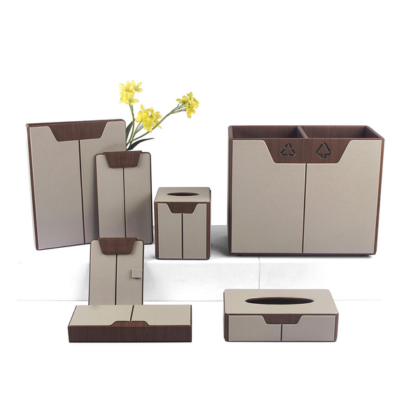 PU Leather Tissue Box Set Manufacturer - Manufacturer Direct Sales Texture Trash Cans Waste Paper Basket Hotel Leather Supplies