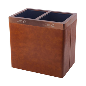 Trash Can Manufacturer - Garbage Container Bin With Handles for Bathrooms and High Class Hotel Square Brown Pu Leather Wastebasket