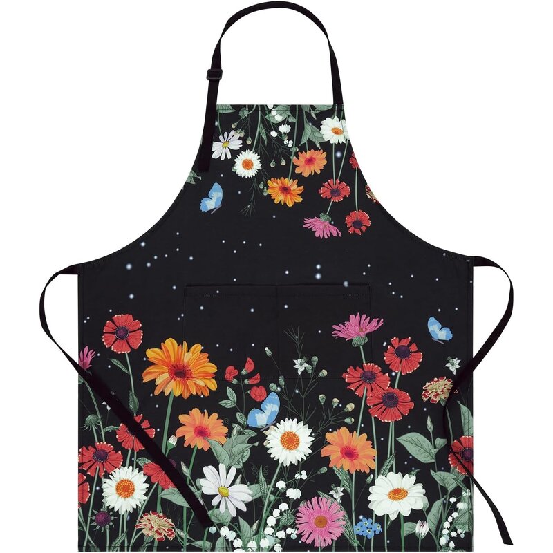 Bib Apron - Flower Pattern Adjustable with Pocket for Women