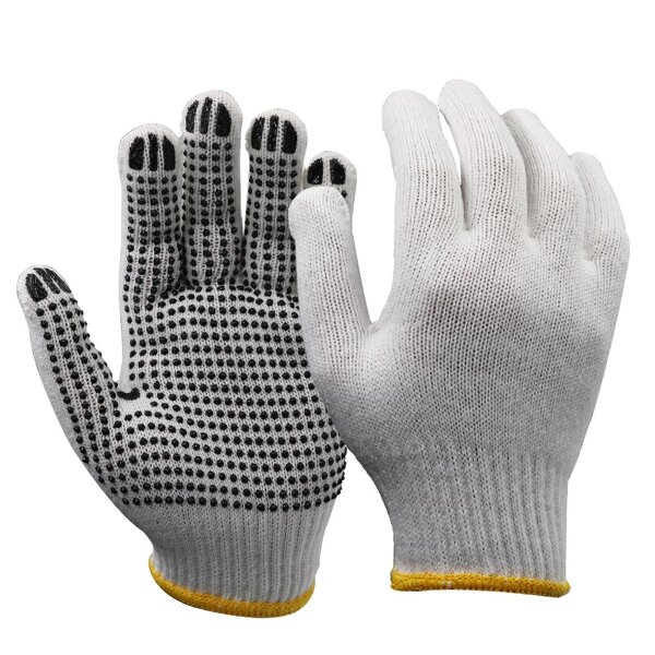 Work Gloves - Black PVC Cotton Knitted Palm Dotted Anti Slip