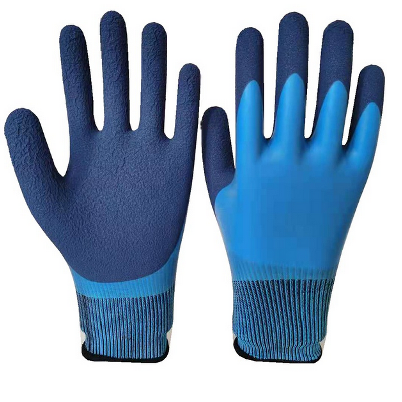 Waterproof Gloves - Blue Latex Fully Coated Double Palm Grip for Work