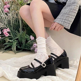 Flats Manufacturer - Fashion Black Thick-Soled Chunky Heel Women's Leather