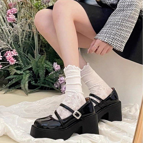 Flats Manufacturer - Fashion Black Thick-Soled Chunky Heel Women's Leather