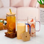 Glass Coffee Cup - Transparent with Bamboo Lid Color Handle & Straw