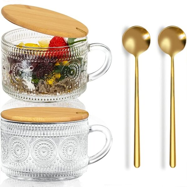 Glass Tea Cups - Clear Vintage Embossed for Cold & Hot Drinks