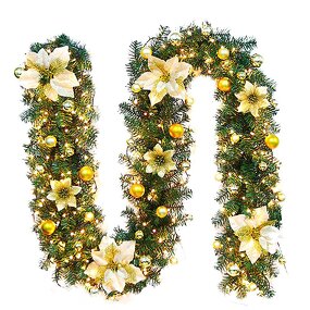 Christmas Garland - 2.7M PVC with Lights Pine Wreath & Mantel Cane