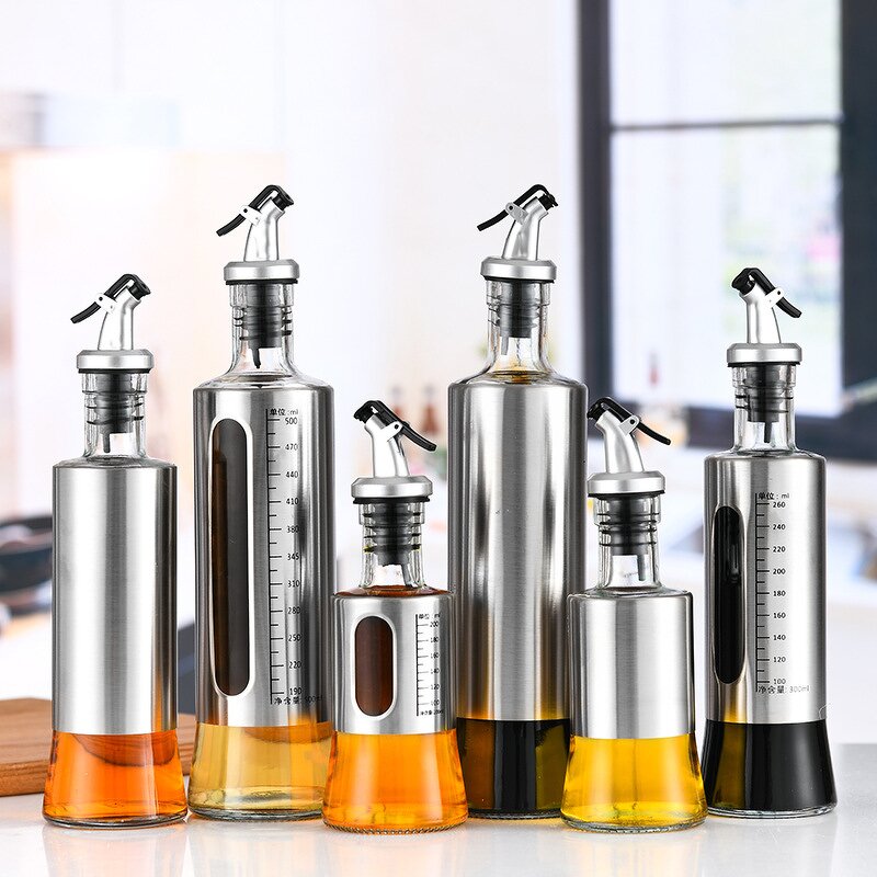 Oil Dispenser Bottle - Glass Stainless Steel for Kitchen Oil & Vinegar