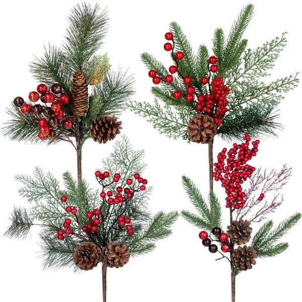 Red Berry Picks - Artificial Branches with Pine Cones for Christmas Decoration