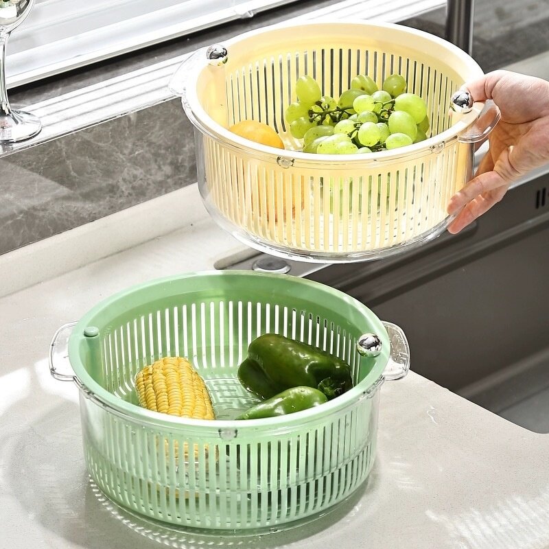 Salad Drain Basket - Multi-Functional Double-Layer Rotating for Kitchen