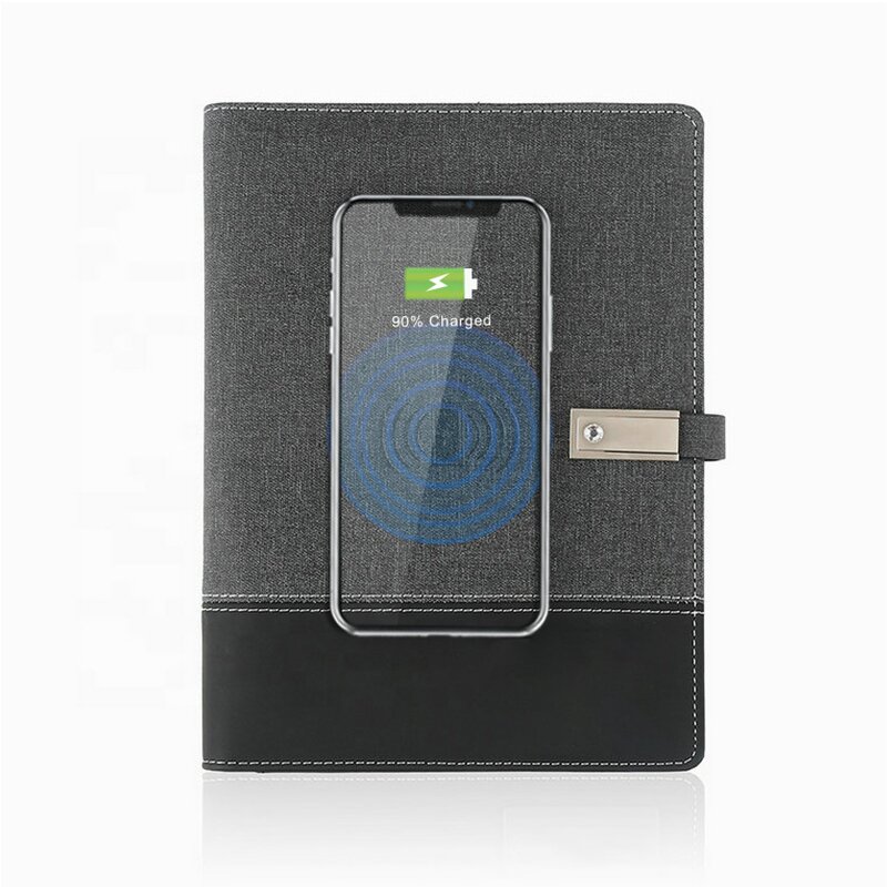 Business Planner Notebook Manufacturer - A5 with LED Reading Lamp PU Cover USB Flash Drive Power Bank Wireless Charging 10W