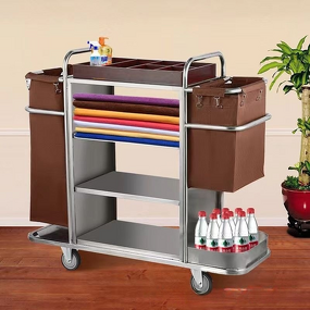 Sanitation Service Cart Manufacturer - Hotel Room Multi-Functional Stainless Steel Hand-Pushed Linen Bag and Bucket Cleaning Work Cart