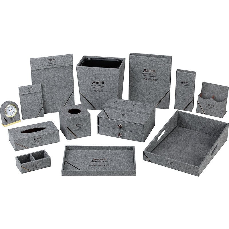 PU Leather Hotel Amenities Manufacturer - Factory Direct Eco-Friendly European Gray Notepad Trash Can Tissue Box for Commercial Office Hotel