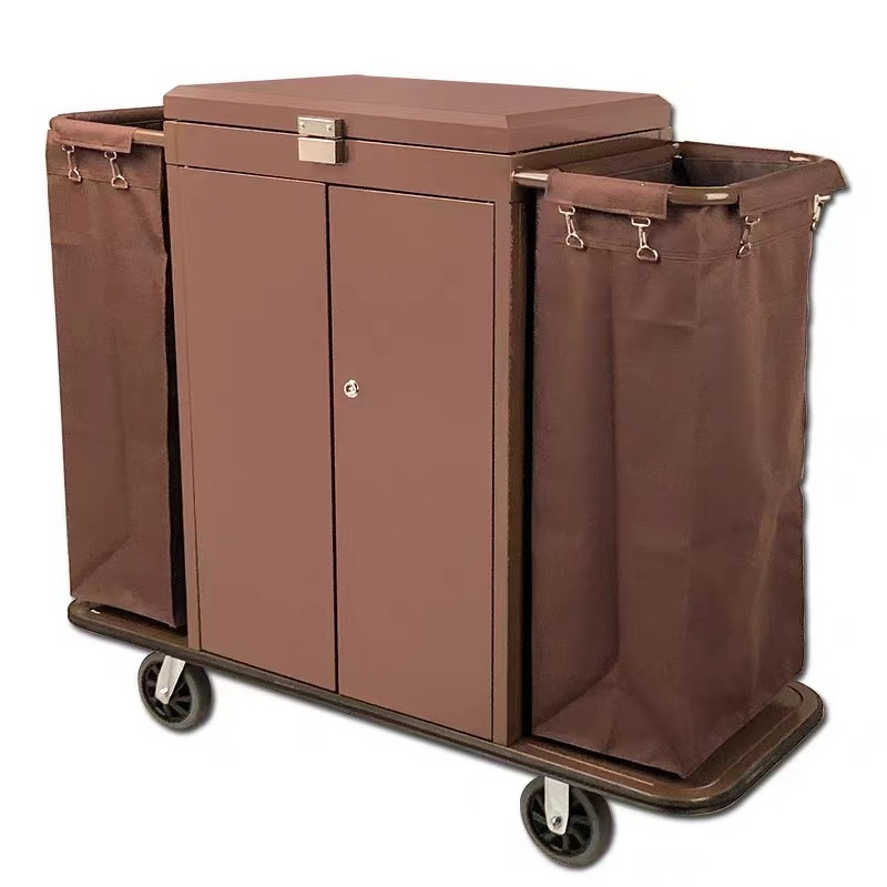 Hotel Linen Cart Manufacturer - Dual-Sided Metal Double-Sided Room Entrance Cart with Door Cover Hand-Pushed Guesthouse Cleaning