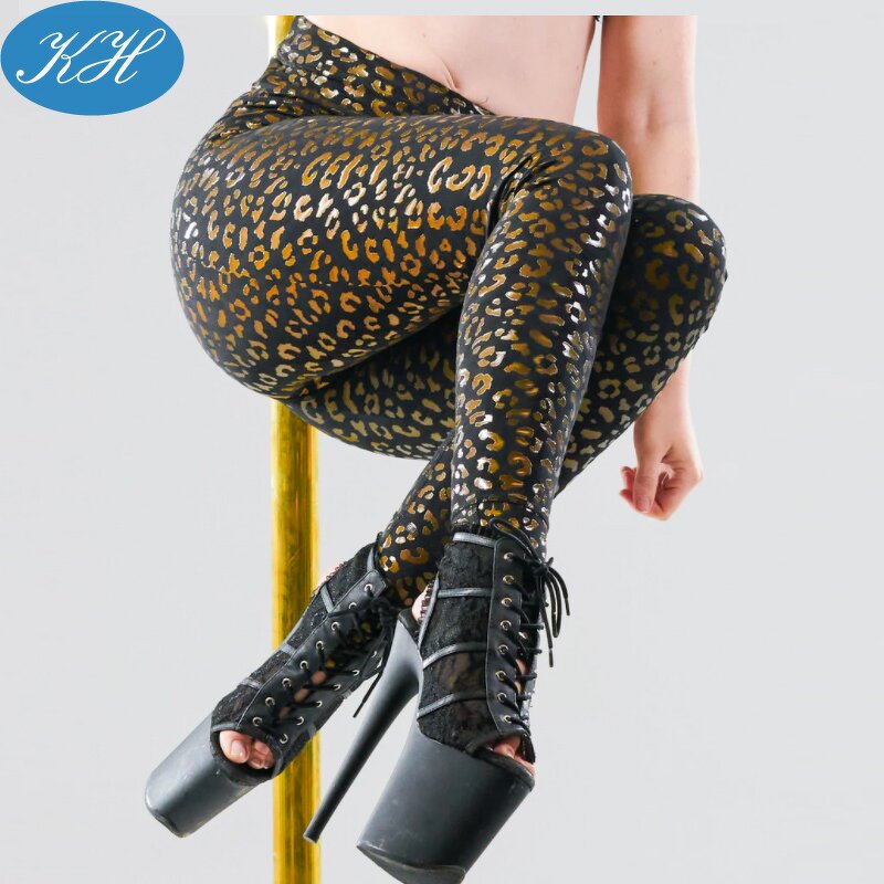 Pole Dance Leggings Manufacturer - Custom Leopard Gold Printing Sticky Exotic Pole Wear