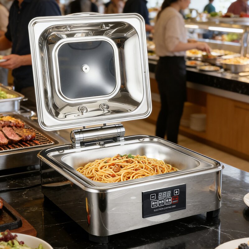 Electric Chafing Dish Manufacturer - Luxury Square Silver Stainless Steel Soft-Close Glass Lid Buffet Set