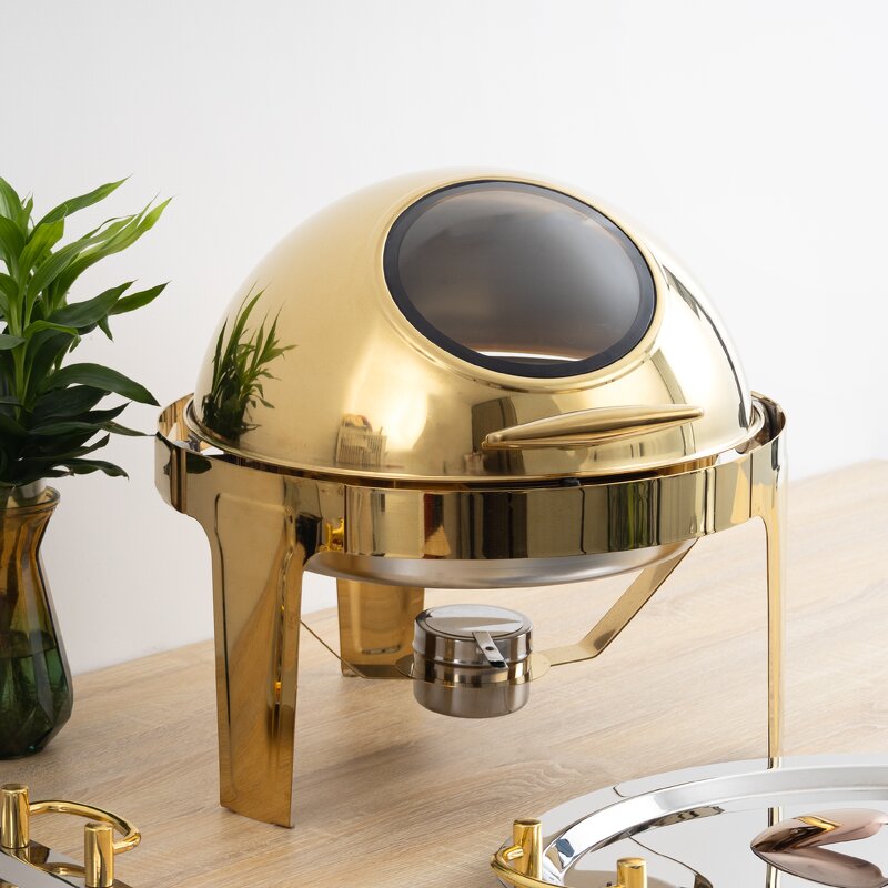 Chafing Dish Manufacturer - Luxurious Gold Roll Top Round Buffet Set with Glass Lid Fancy Food Warmer Display