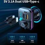 Car Charger - Dual USB Type C FM MP3 Player PD 3.1A Fast LED Light