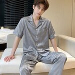 Men's Robe Set - High-End Satin Summer Ice Silk Pajamas Short Sleeves Turn-Down Collar Breathable Plus Size