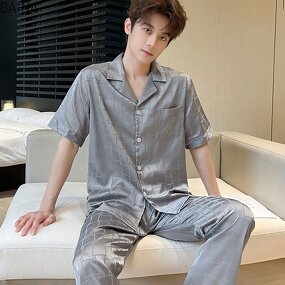Men's Robe Set - High-End Satin Summer Ice Silk Pajamas Short Sleeves Turn-Down Collar Breathable Plus Size