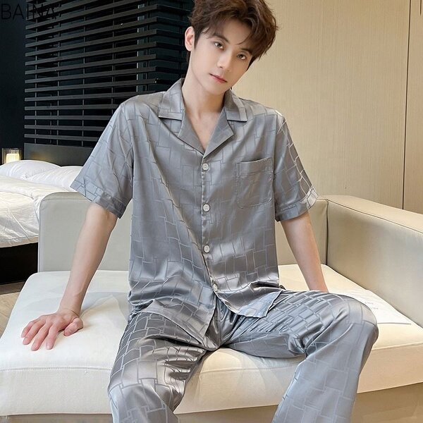 Men's Robe Set - High-End Satin Summer Ice Silk Pajamas Short Sleeves Turn-Down Collar Breathable Plus Size