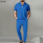 Men's Clothing Set - Summer Streetwear Two-Piece Set Solid Color Collar Short-Sleeved Turtleneck Zipper T-Shirt