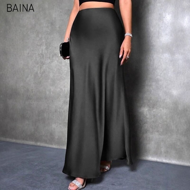 Women's Skirts - New Casual Elegant Solid Black High Waist Satin Midi Length