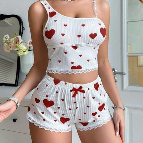 Women's Pajamas Set - Home Two-Piece Elastic Waist Spandex Heart Print Camisole Shorts