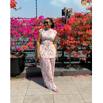 Women's Clothing Set - European American Spring New O-Neck Three-quarter Sleeve Loose Streetwear Printed Wide-leg