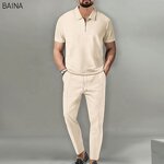 Men's Clothing Set - Summer Streetwear Two-Piece Set Solid Color Collar Short-Sleeved Turtleneck Zipper T-Shirt