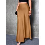 Women's Skirts - New Casual Elegant Solid Black High Waist Satin Midi Length