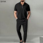 Men's Clothing Set - Summer Streetwear Two-Piece Set Solid Color Collar Short-Sleeved Turtleneck Zipper T-Shirt