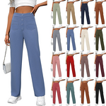 Women's Pants - European American Spring Autumn New High Waist Pocket Wide Leg Button Casual Loose