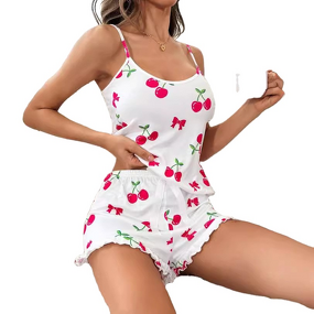 Women's Pajamas Set - New Sexy European and American Summer Elastic Waist Strappy Cherry Printed