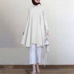 Women's Top - Muslim Long Lapel Collar Single Breasted Swallowtail Curved Hem Shirt Solid Loose Casual