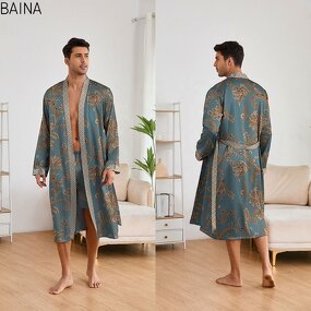 Men's Nightgown - Long-Sleeved Shorts Home Wear Suit New Printed Leopard Pattern Robe Bathrobe